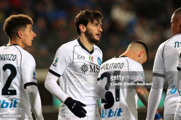 Khvicha Kvaratskhelia of SSC Napoli celebrates after scoring the team's first goal during the Serie A TIM match between Atalanta BC and SSC Napoli at...
