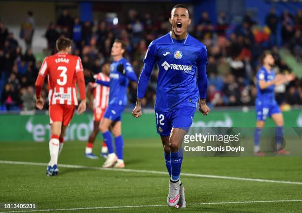 Mason Greenwood of Getafe CF reacts after a missed chance during the LaLiga EA Sports match between Getafe CF and UD Almeria at Coliseum Alfonso...