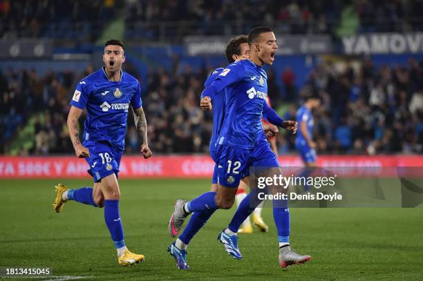 Mason Greenwood of Getafe CF celebrates after scoring the team's first goal during the LaLiga EA Sports match between Getafe CF and UD Almeria at...