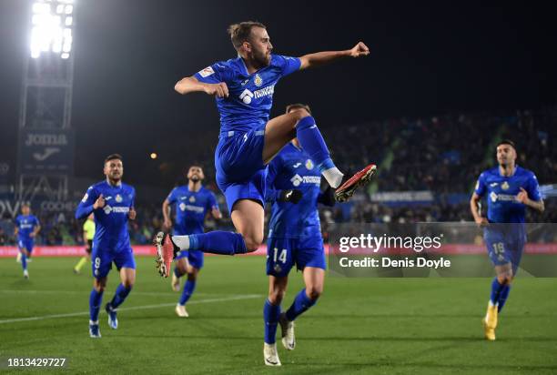 Borja Mayoral of Getafe CF celebrates after scoring the team's second goal during the LaLiga EA Sports match between Getafe CF and UD Almeria at...