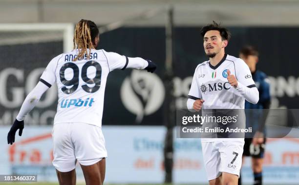 Eljif Elmas of SSC Napoli celebrates with teammate Andre-Frank Zambo Anguissa after scoring the team's second goal during the Serie A TIM match...