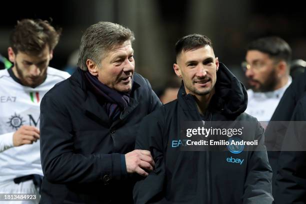 Walter Mazzarri, Head Coach of SSC Napoli, speaks with Matteo Politano after the team's victory in the Serie A TIM match between Atalanta BC and SSC...