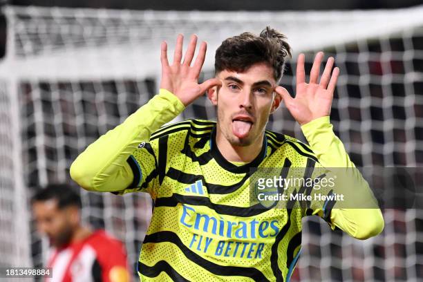 Kai Havertz of Arsenal celebrates after scoring the team's first goal during the Premier League match between Brentford FC and Arsenal FC at Gtech...