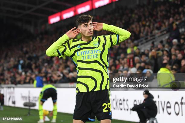 Kai Havertz of Arsenal celebrates after scoring the team's first goal during the Premier League match between Brentford FC and Arsenal FC at Gtech...