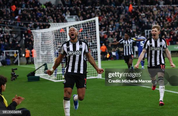 Joelinton of Newcastle United FC celebrates after scoring Newcastle's third goal during the Premier League match between Newcastle United and Chelsea...