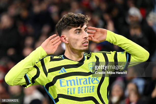 Kai Havertz of Arsenal celebrates after scoring the team's first goal during the Premier League match between Brentford FC and Arsenal FC at Gtech...