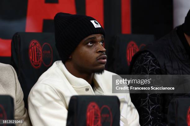 Pierre Kalulu of AC Milan looks on during the Serie A TIM match between AC Milan and ACF Fiorentina at Stadio Giuseppe Meazza on November 25, 2023 in...