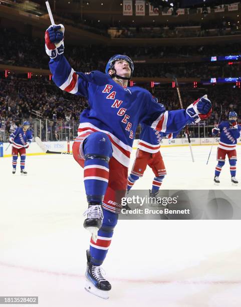 Jimmy Vesey of the New York Rangers celebrates his second period goal against the Boston Bruins at Madison Square Garden on November 25, 2023 in New...