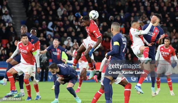 Wilfried Singo of Monaco kick the ball during the Ligue 1 Uber Eats match between Paris Saint-Germain and AS Monaco at Parc des Princes on November...
