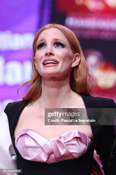 Jessica Chastain on stage during the Ceremony of the 20th anniversary of the festival during the 20th Marrakech International Film Festival on...