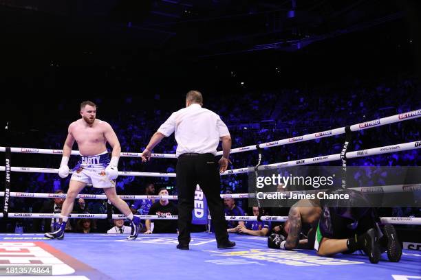 Thomas Carty celebrates victory after knocking out Dan Garber during the Heavyweight fight between Thomas Carty and Dan Garber at The 3Arena Dublin...