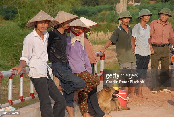 Bauarbeiter bei Mittagspause , Vietnamesen, Hund, Einweihung von "Ke"-B r ü c k e, Ngoen Village, Provinz Tien Luc, Vietnam, Asien, Dorf, Strohhut,...