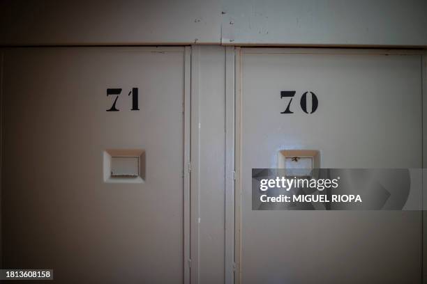 Picture shows cell doors at the Teixeiro prison, near A Coruna, on October 5, 2023. Men and women have been living together since 2021 at one of the...