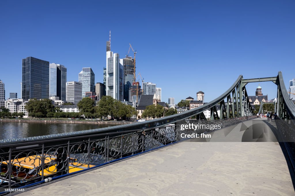 Frankfurt/ Main Skyline with historic bridge "Eiserner Steg" (Hesse, Germany)