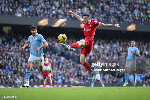 Diogo Jota of Liverpool in action during the Premier League match between Manchester City and Liverpool FC at Etihad Stadium on November 25, 2023 in...