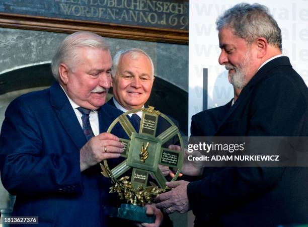 Luiz Inácio Lula da Silva recieves the Lech Walesa Award from the hands of Lech Walesa on Septemebr 29, 2011. The former president of Brazil was...