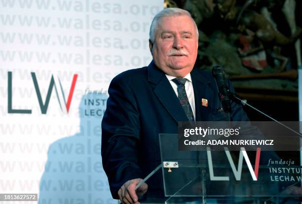 Former President of Poland and Nobel Peace Prize Laureate Lech Walesa speaks during the Lech Walesa Award ceremony in Gdansk, Poland on September 29,...