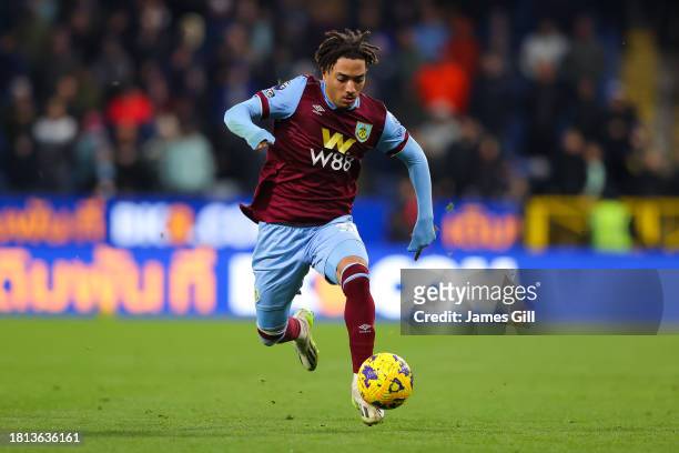 Luca Koleosho of Burnley during the Premier League match between Burnley FC and West Ham United at Turf Moor on November 25, 2023 in Burnley, England.