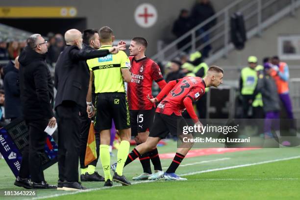 Francesco Camarda of AC Milan is substituted on during the Serie A TIM match between AC Milan and ACF Fiorentina at Stadio Giuseppe Meazza on...