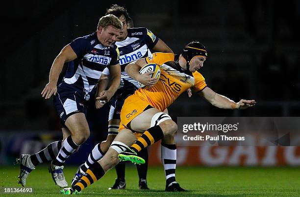 Daniel Braid of Sale in action with Kearnan Myall of Wasps during the Aviva Premiership match between Sale Sharks and London Wasps at the AJ Bell...