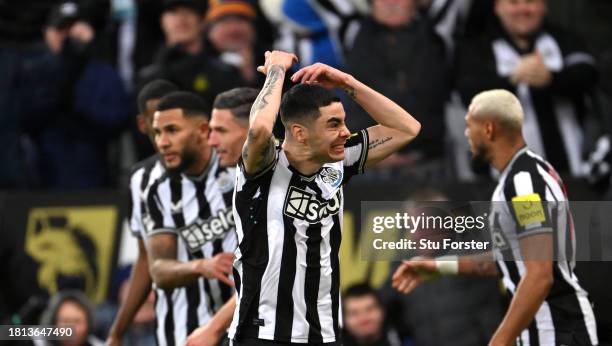 Miguel Almiron celebrates after Jamaal Lascelles of Newcastle United had scored the second goal during the Premier League match between Newcastle...