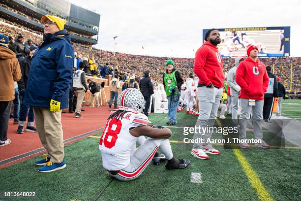 Marvin Harrison Jr. #18 of the Ohio State Buckeyes is seen during the final seconds of the second half of a college football game against the...