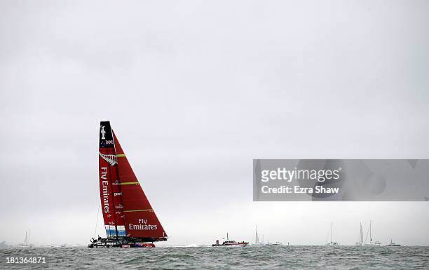 Emirates Team New Zealand skippered by Dean Barker races against Oracle Team USA skippered by James Spithill at the start of race 13 of the America's...