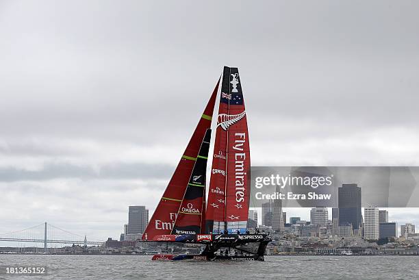 Emirates Team New Zealand skippered by Dean Barker in action against Oracle Team USA skippered by James Spithill during race 13 of the America's Cup...