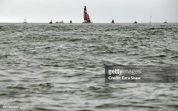 Emirates Team New Zealand practices before the restart of race 13 against Oracle Team USA in the America's Cup Finals on September 20, 2013 in San...