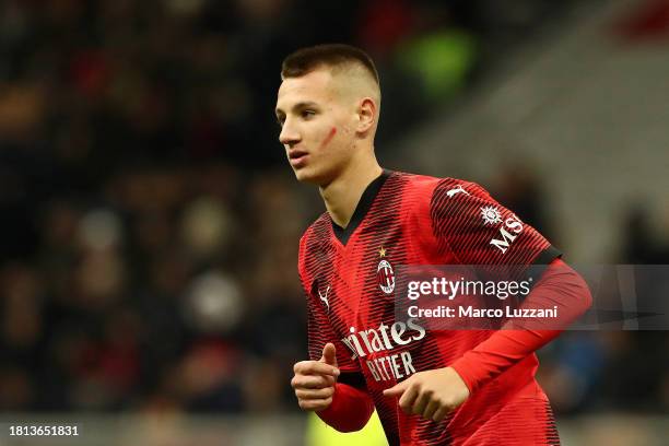 Francesco Camarda of AC Milan looks on during the Serie A TIM match between AC Milan and ACF Fiorentina at Stadio Giuseppe Meazza on November 25,...