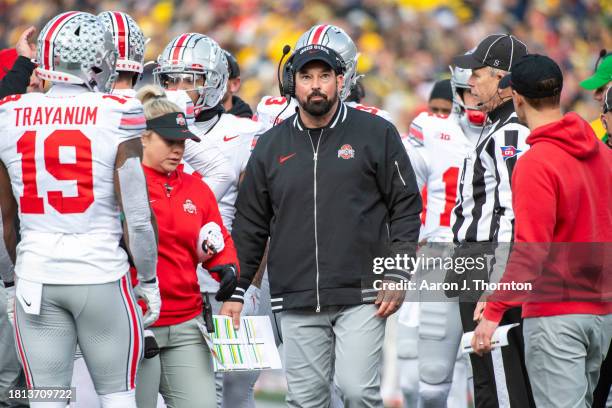 Head Football Coach Ryan Day of the Ohio State Buckeyes is seen during the first half a college football game against the Michigan Wolverines at...