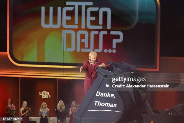 Thomas Gottschalk rides a excavator for his farewell during the "Wetten, Dass ...?" tv show on November 25, 2023 in Offenburg, Germany.