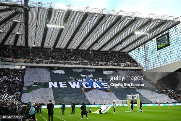 The Newcastle fans in the Leazes End show off a giant flag entitled " We Are Newcastle" during the Premier League match between Newcastle United and...