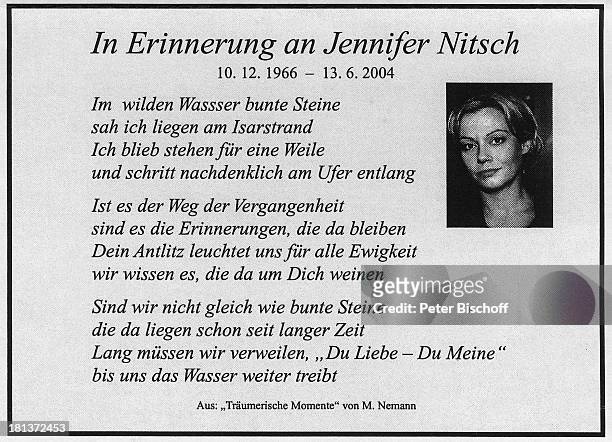 Todesanzeige von Schauspielerin Jennifer Nitsch von Manfred Nemann aus Bremen, Deutschland, Idol, Schauspielerin, TP,