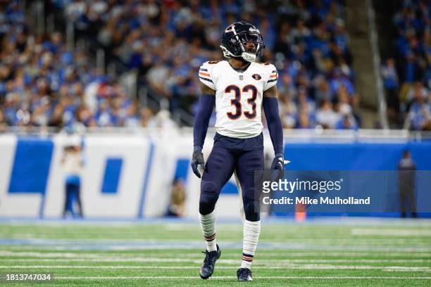 Jaylon Johnson of the Chicago Bears looks on during a game against the Detroit Lions at Ford Field on November 19, 2023 in Detroit, Michigan.