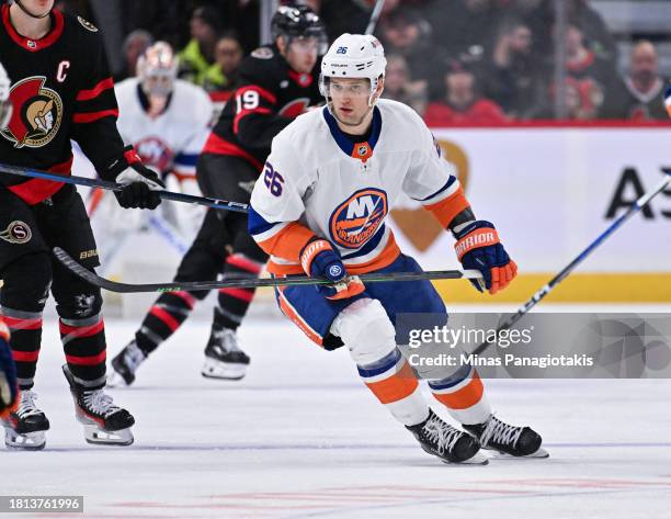 Oliver Wahlstrom of the New York Islanders skates during the third period against the Ottawa Senators at Canadian Tire Centre on November 24, 2023 in...