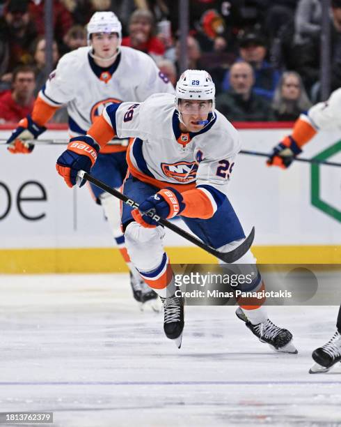 Brock Nelson of the New York Islanders skates during the third period against the Ottawa Senators at Canadian Tire Centre on November 24, 2023 in...