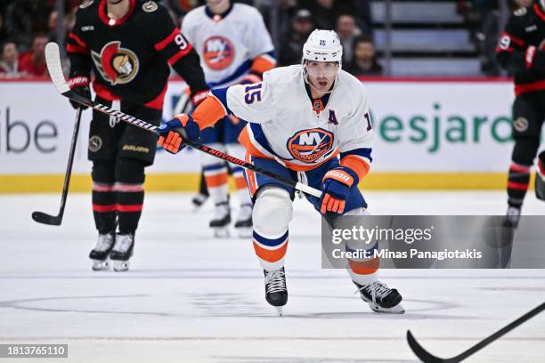 Cal Clutterbuck of the New York Islanders skates during the third period against the Ottawa Senators at Canadian Tire Centre on November 24, 2023 in...