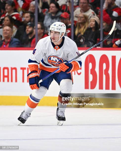 Bo Horvat of the New York Islanders skates during the third period against the Ottawa Senators at Canadian Tire Centre on November 24, 2023 in...