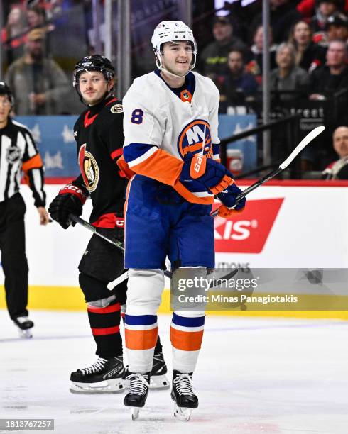 Noah Dobson of the New York Islanders skates during the third period against the Ottawa Senators at Canadian Tire Centre on November 24, 2023 in...