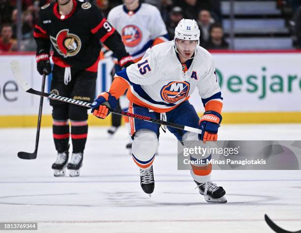 Cal Clutterbuck of the New York Islanders skates during the third period against the Ottawa Senators at Canadian Tire Centre on November 24, 2023 in...