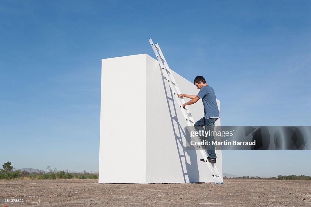 Man climbing ladder against wall outdoors