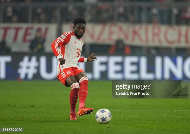 Alphonso Davies of FC Bayern Munchen is controlling the ball during a Group A UEFA Champions League game between Bayern Munich and FC Copenhagen at...