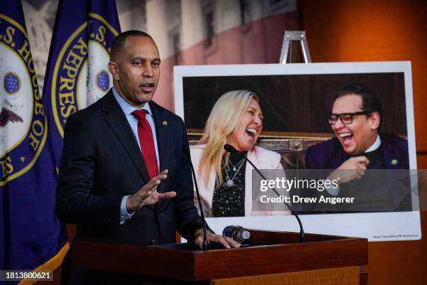 House Minority Leader Hakeem Jeffries speaks during his weekly news conference on Capitol Hill November 30, 2023 in Washington, DC. Jeffries took...