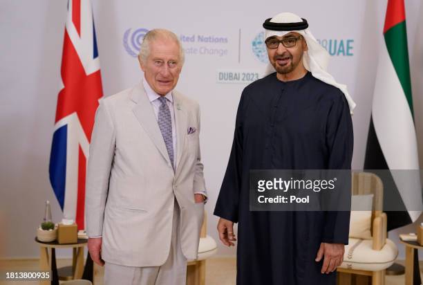 King Charles III meets with Mohammed bin Zayed Al Nahyan President of the United Arab Emirates at a bilateral meeting at Expo City in Dubai, during...