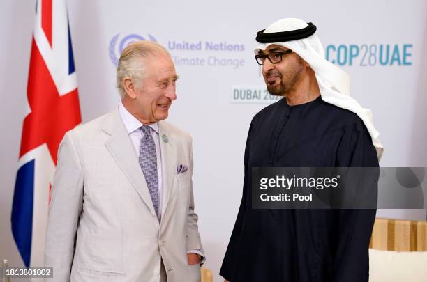 King Charles III meets with Mohammed bin Zayed Al Nahyan President of the United Arab Emirates at a bilateral meeting at Expo City in Dubai, during...