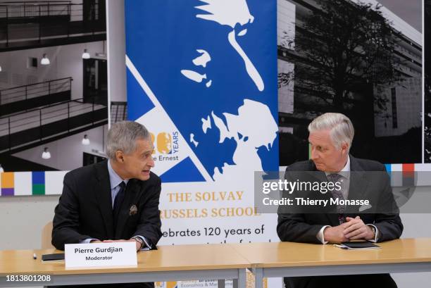 President of the Board of Directors of the Université libre de Bruxelles Pierre Gurdjian and the King Philippe of Belgium chair a meeting on the...