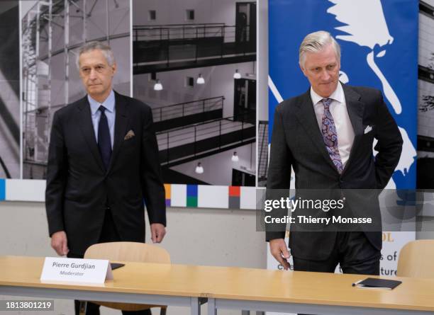 President of the Board of Directors of the Université libre de Bruxelles Pierre Gurdjian and the King Philippe of Belgium chair a meeting on the...