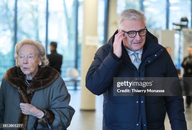 Mimi Solvay and the Prince Laurent of Belgium arrive for a ceremony on the occasion of the 120th anniversary of the ULB faculty on November 30, 2023...