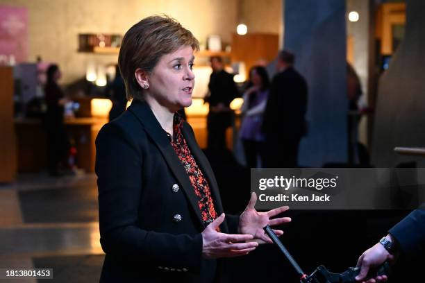 Former First Minister Nicola Sturgeon gives her reaction in the lobby of the Scottish Parliament to the death of the Labour politician and former...